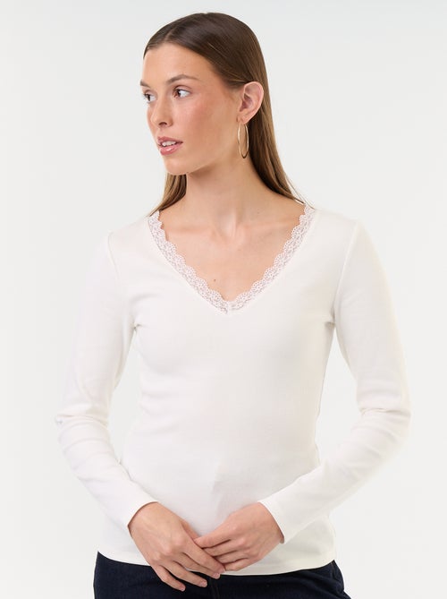 Geribd T-shirt met kant aan de kraag - Kiabi