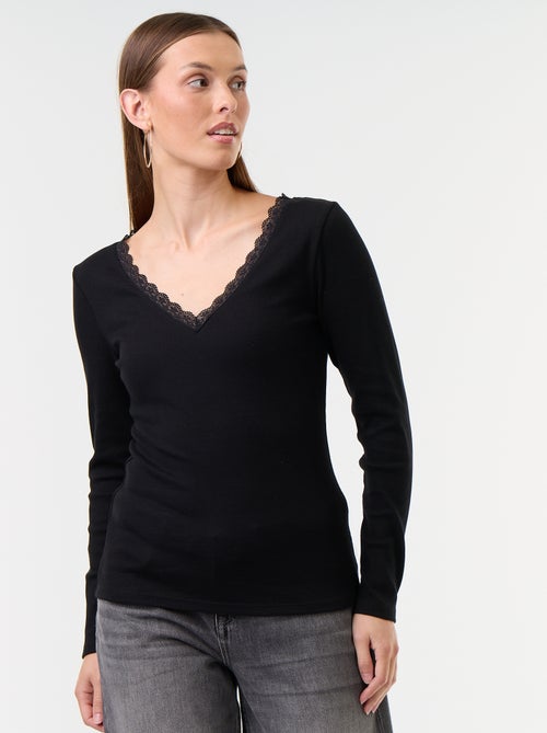 Geribd T-shirt met kant aan de kraag - Kiabi