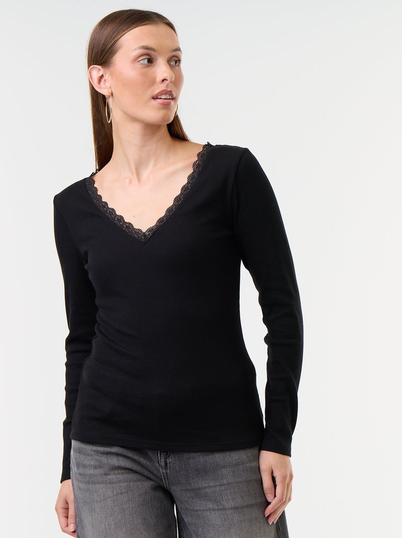 Geribd T-shirt met kant aan de kraag Zwart - Kiabi