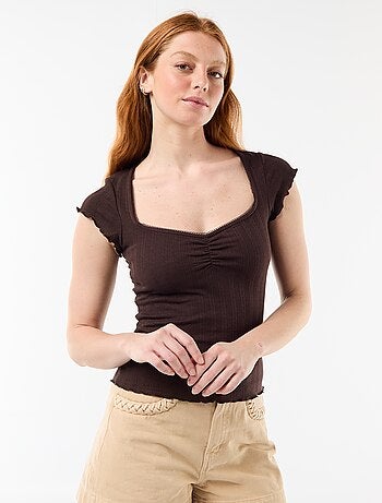 Geribd T-shirt met korte mouwen en volants