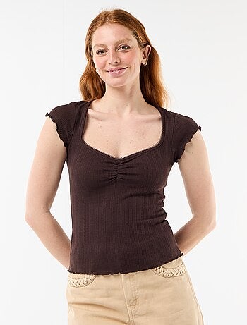 Geribd T-shirt met korte mouwen en volants