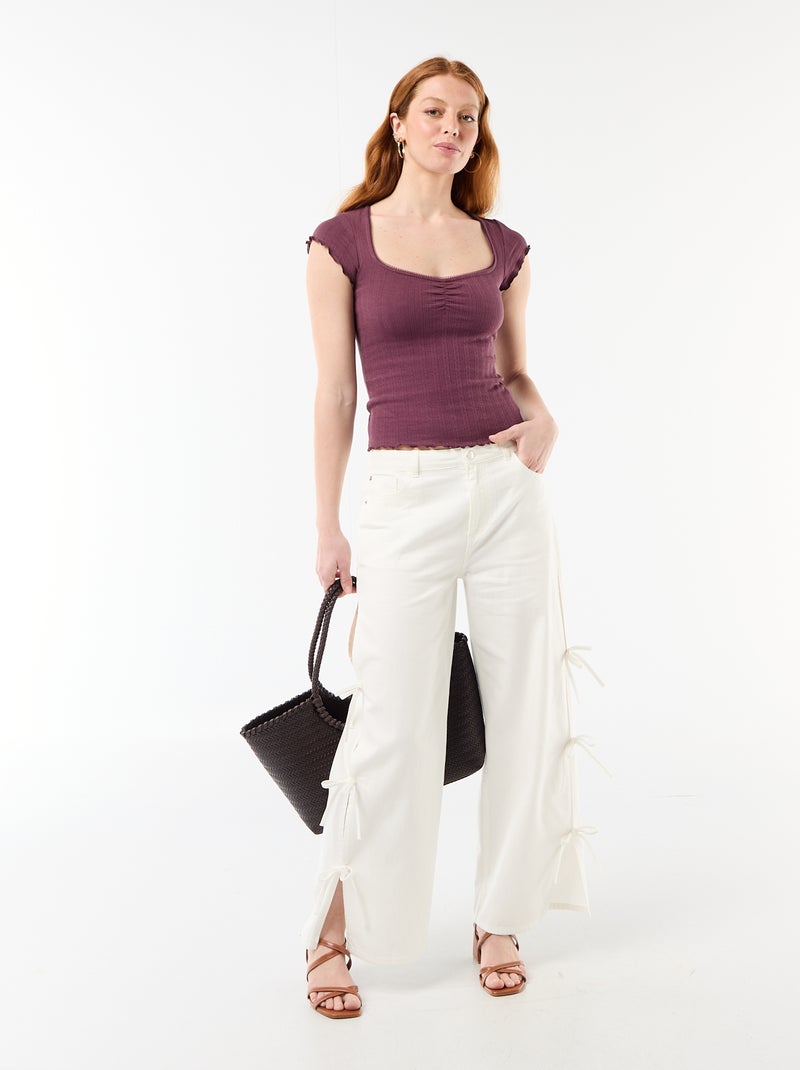 Geribd T-shirt met korte mouwen en volants Paars - Kiabi