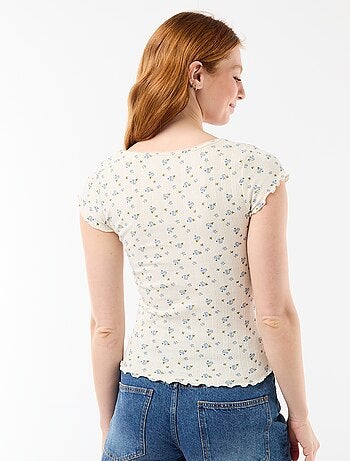 Geribd T-shirt met korte mouwen en volants