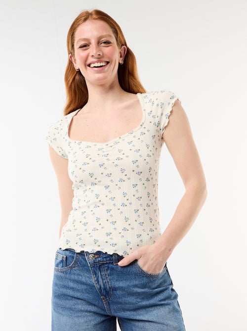 Geribd T-shirt met korte mouwen en volants - Kiabi