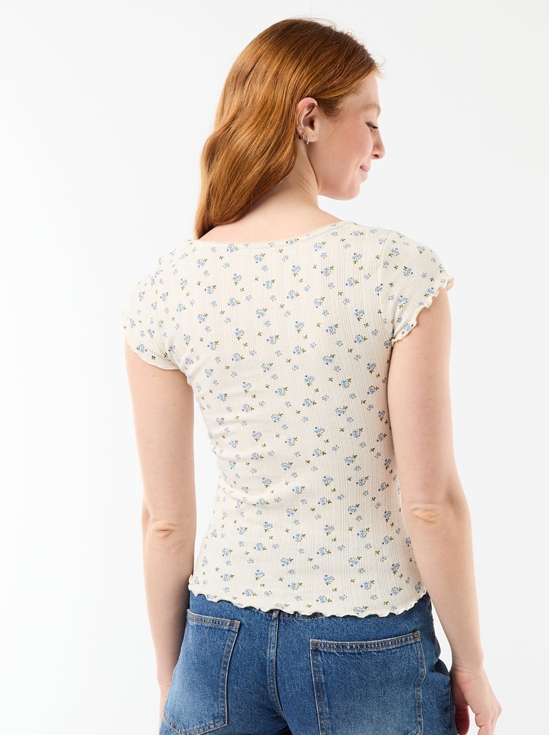 Geribd T-shirt met korte mouwen en volants Wit - Kiabi