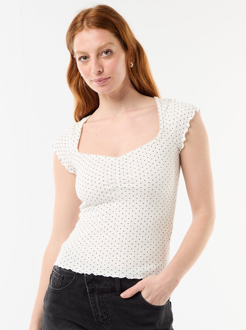 Geribd T-shirt met korte mouwen en volants Wit - Kiabi