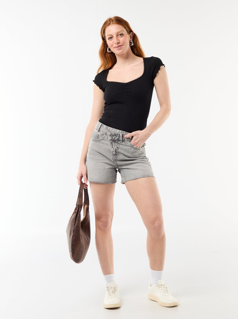 Geribd T-shirt met korte mouwen en volants Zwart - Kiabi