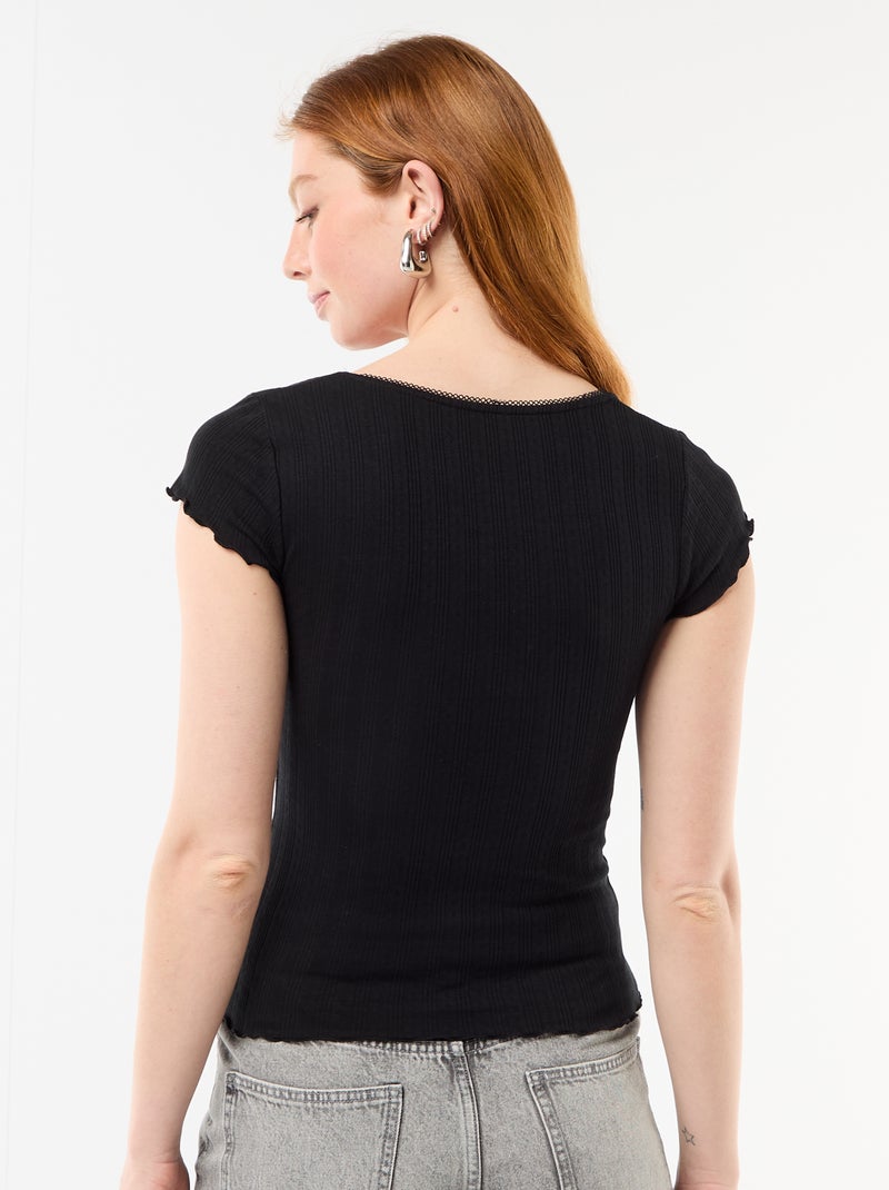 Geribd T-shirt met korte mouwen en volants Zwart - Kiabi