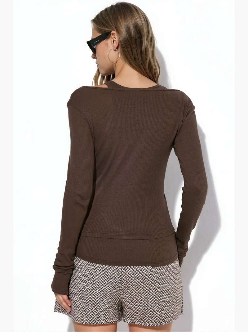Geribde blouse met u-hals en lange mouwen busem Grijs Zwart - Kiabi