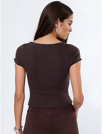 Geribde blouse met u-hals en slanke pasvorm busem