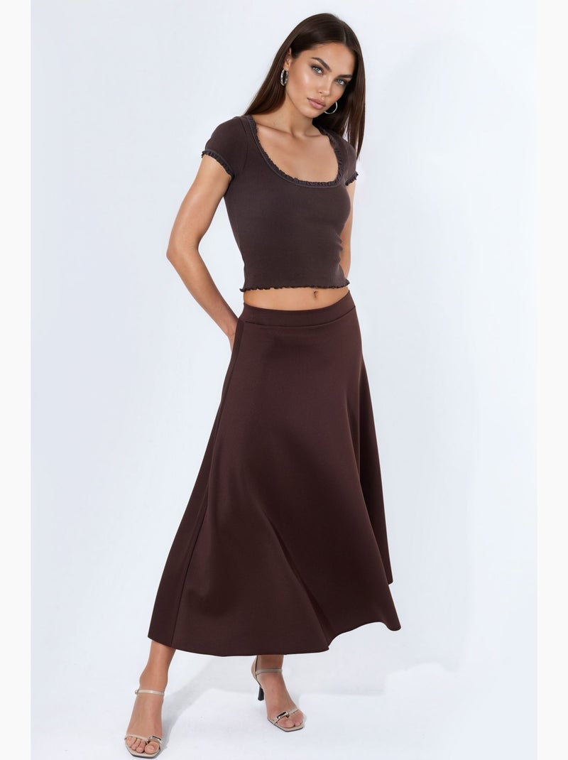 Geribde blouse met u-hals en slanke pasvorm busem Chocoladebruin - Kiabi