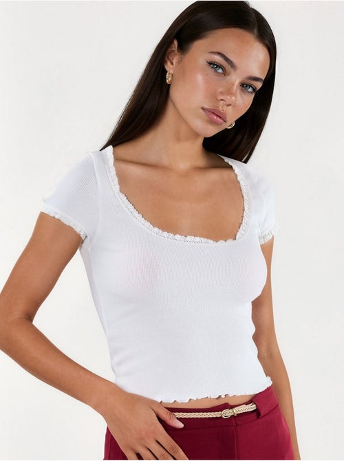 Geribde blouse met u-hals en slanke pasvorm busem - Kiabi