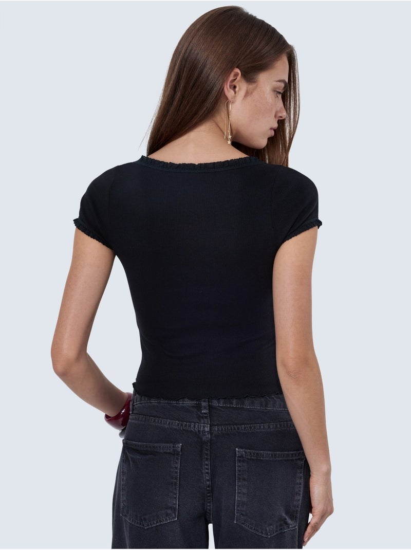 Geribde blouse met u-hals en slanke pasvorm busem Zwart - Kiabi