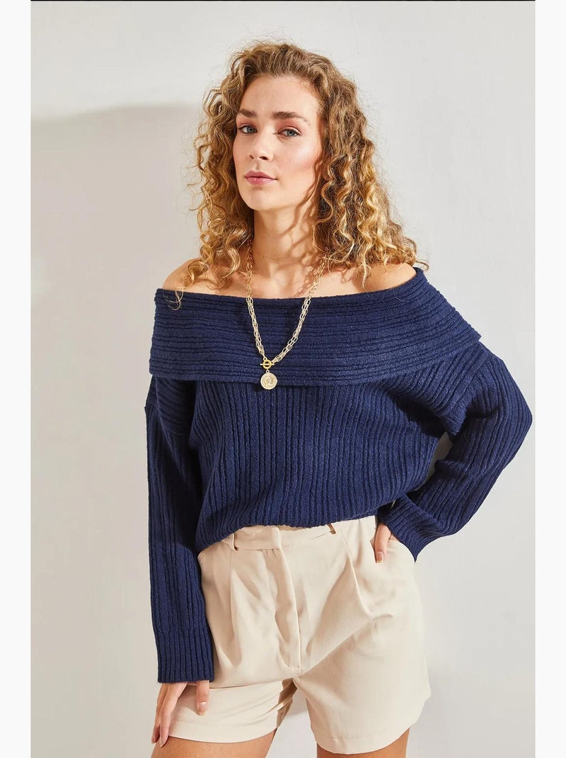 Geribde gebreide off-shoulder trui lucci Marineblauw - Kiabi