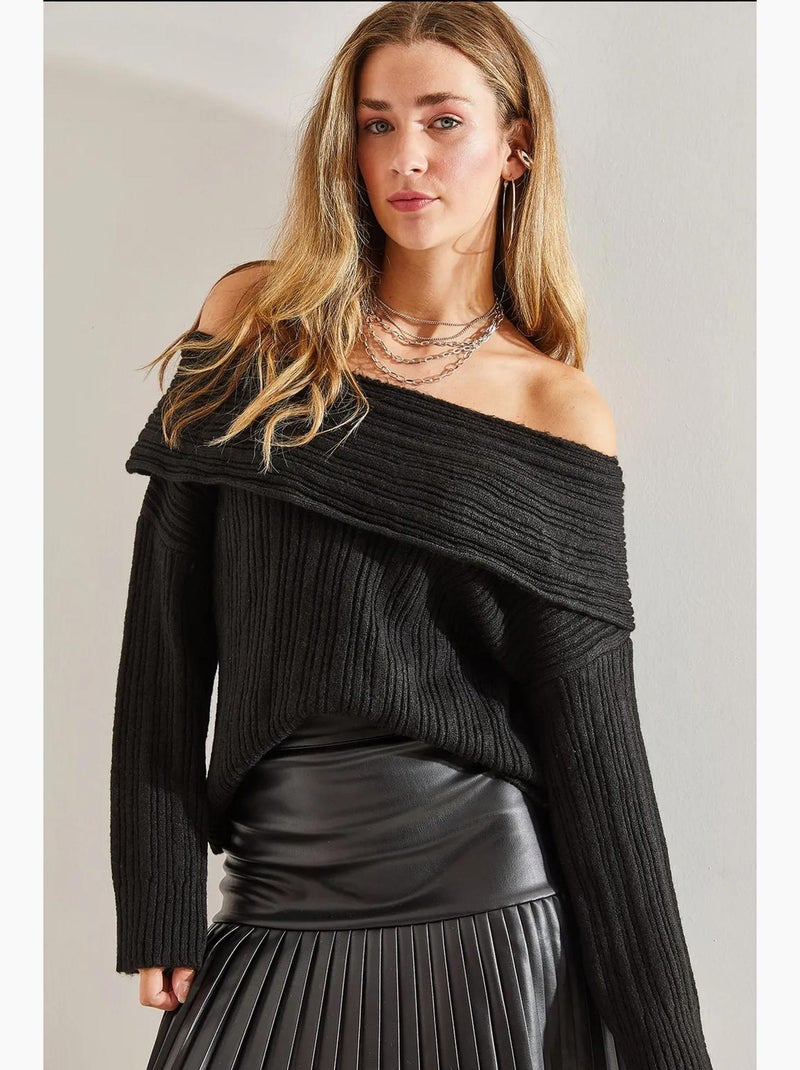 Geribde gebreide off-shoulder trui lucci Zwart - Kiabi