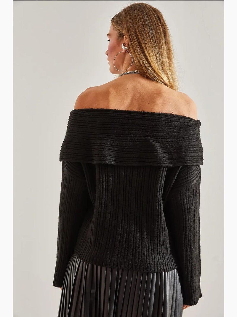Geribde gebreide off-shoulder trui lucci Zwart - Kiabi