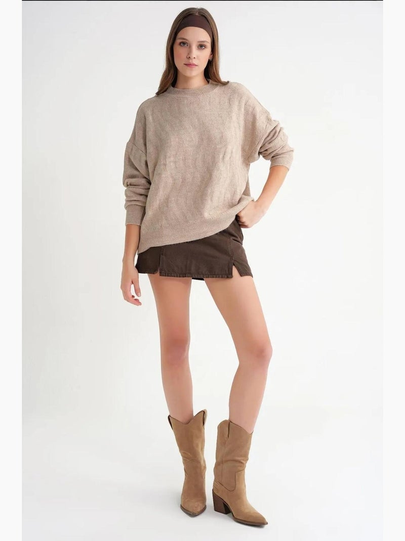 Geribde gebreide pullovertrui met kabelpatroon mixray Klei-beige - Kiabi