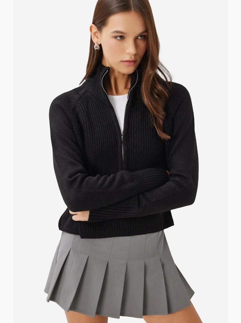 Geribde gebreide trui met ritskraag istanbul Zwart - Kiabi