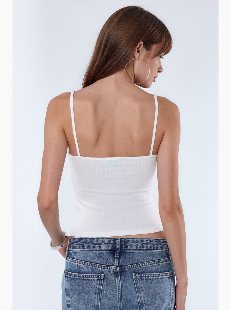 Geribde getailleerde tanktop met v-hals busem Wit - Kiabi