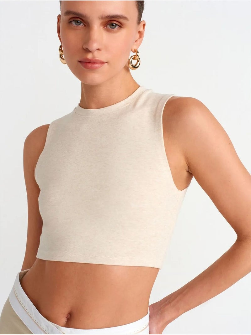 Geribde katoenen crop top dilvin Natuurlijk beige - Kiabi