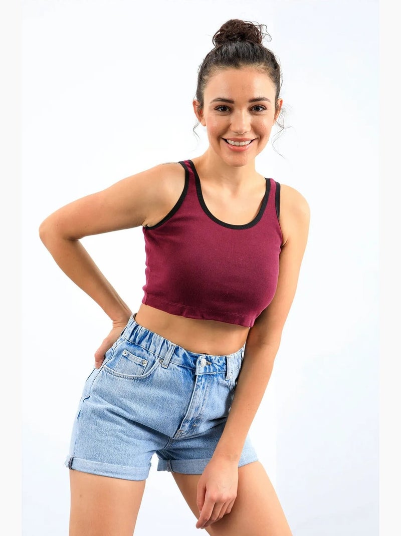Geribde mouwloze crop top tommy Bordeauxrood - Kiabi