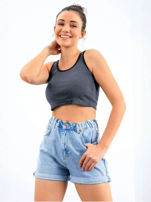 Geribde mouwloze crop top tommy - Kiabi