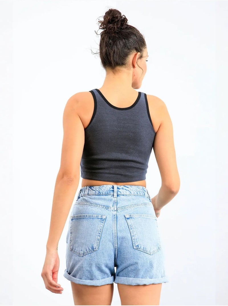 Geribde mouwloze crop top tommy Grijs Zwart - Kiabi