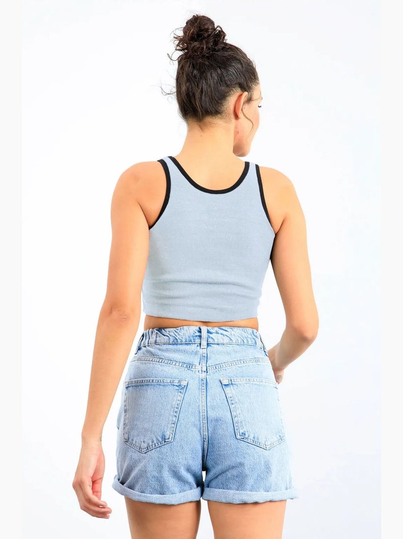 Geribde mouwloze crop top tommy Hemelsblauw - Kiabi