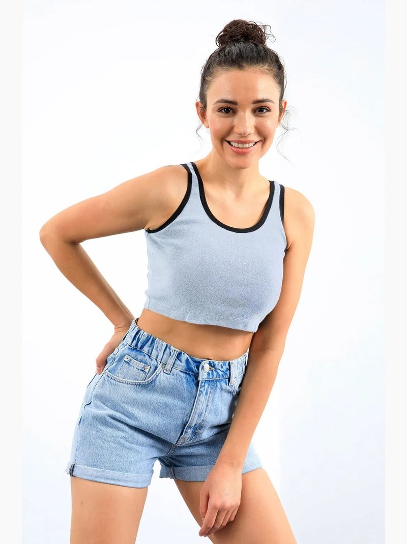 Geribde mouwloze crop top tommy Hemelsblauw - Kiabi