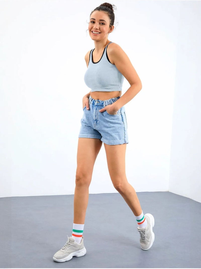 Geribde mouwloze crop top tommy Hemelsblauw - Kiabi