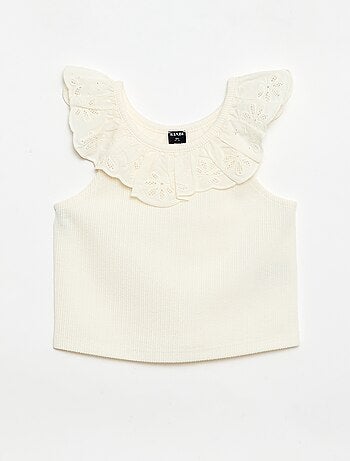 Geribde mouwloze top met geborduurde kraag
