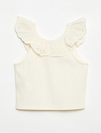 Geribde mouwloze top met geborduurde kraag