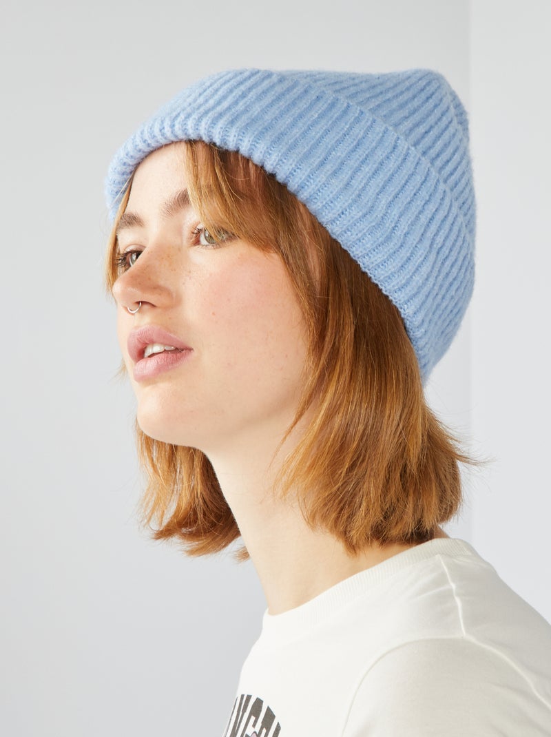 Geribde muts met brede omslag BLAUW - Kiabi