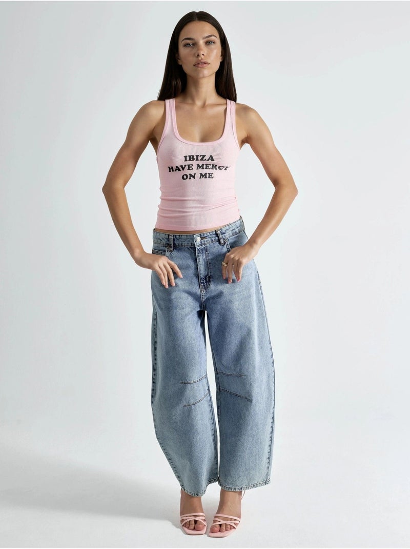 Geribde tanktop met print, mouwloos, met u-hals busem Bleekroze - Kiabi