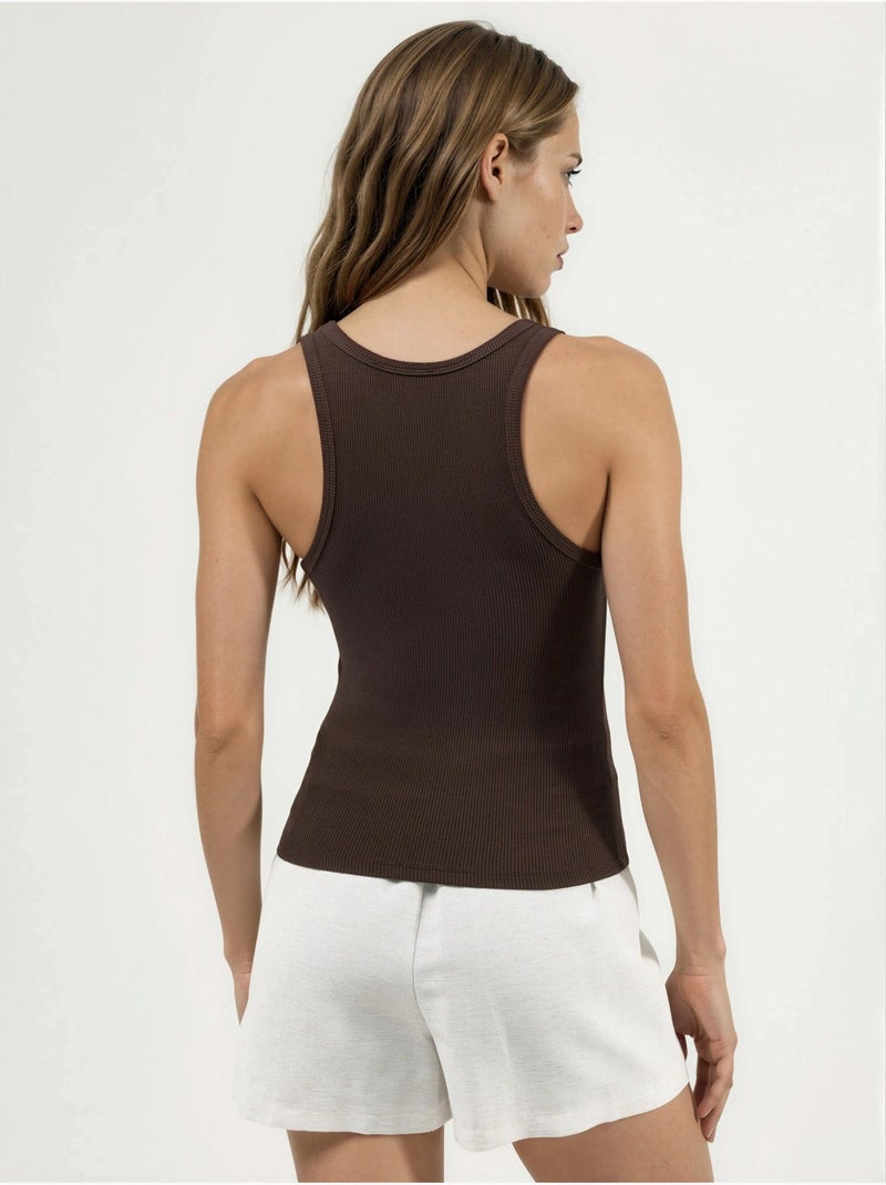 Geribde tanktop met print, mouwloos, met u-hals busem Lichtbruin - Kiabi