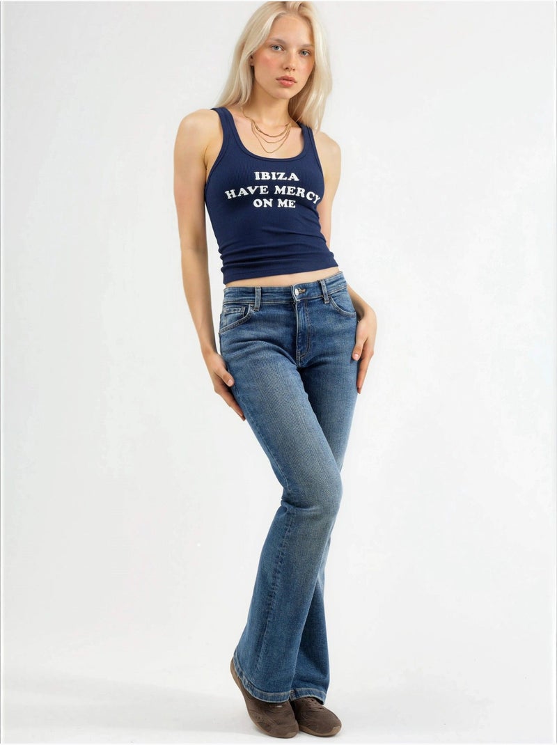 Geribde tanktop met print, mouwloos, met u-hals busem Marineblauw - Kiabi