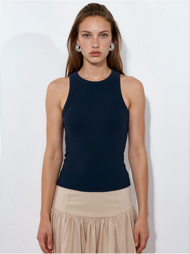 Geribde tanktop van katoenmix busem Marineblauw - Kiabi