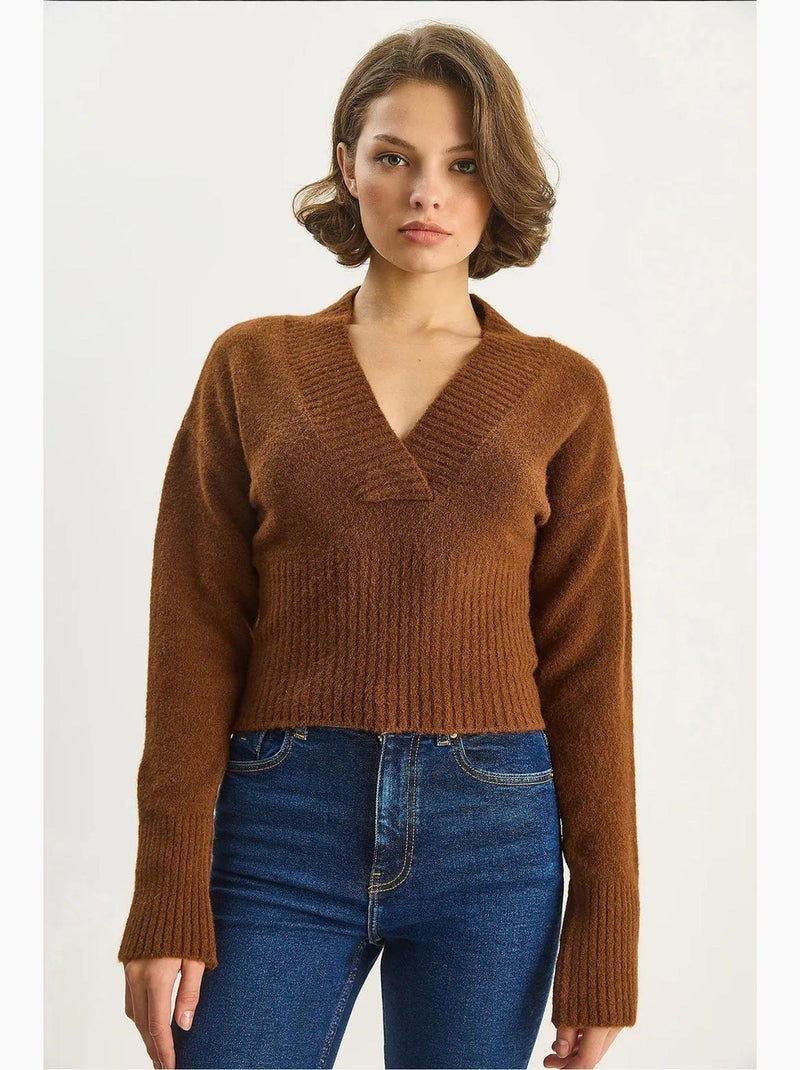 Geribde v-hals slim fit cropped trui lucci Camel - Kiabi