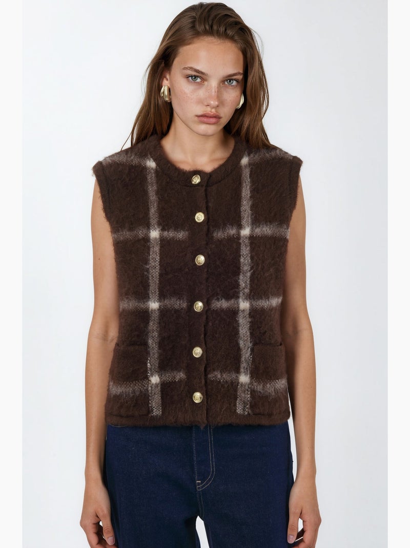 Geruit vest met ronde hals en knoopjes hiccup Donkerbruin - Kiabi