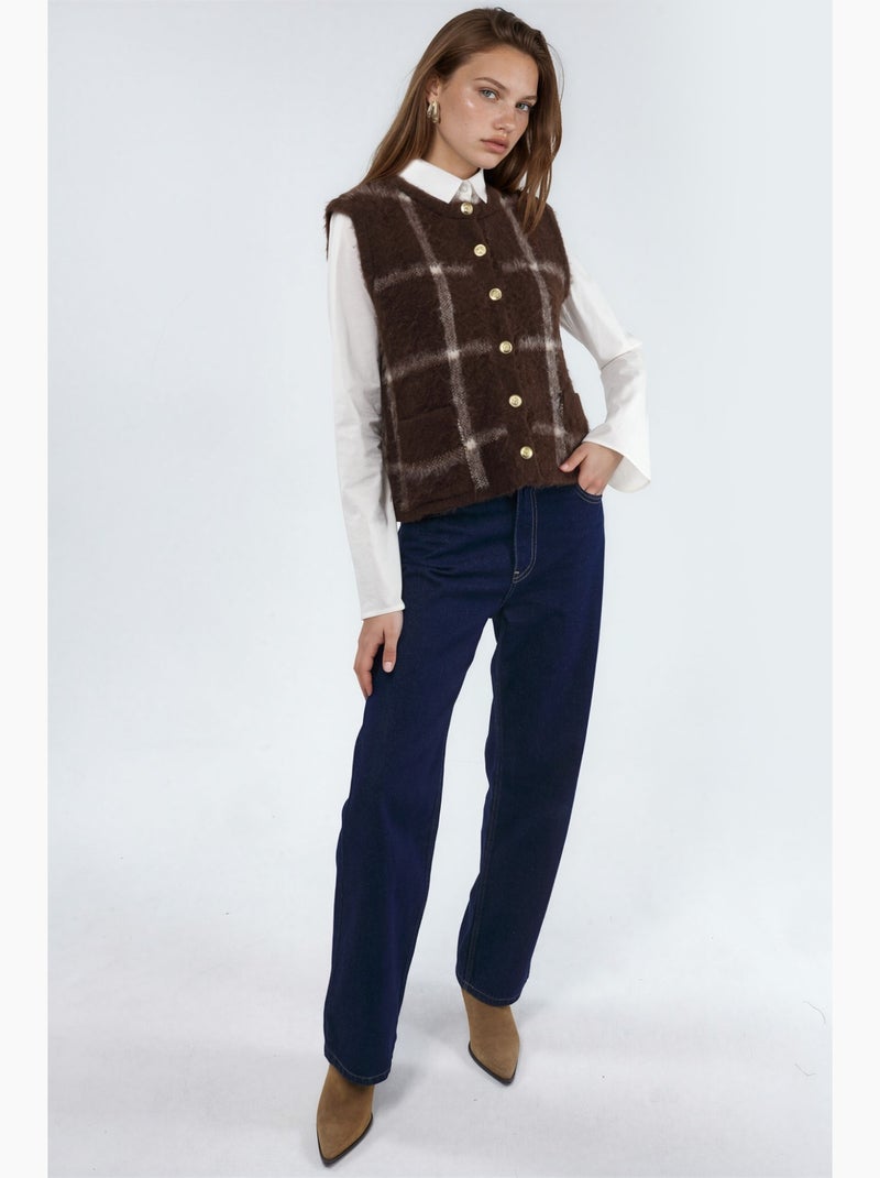 Geruit vest met ronde hals en knoopjes hiccup Donkerbruin - Kiabi