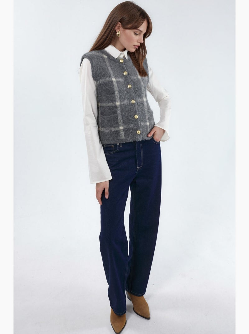 Geruit vest met ronde hals en knoopjes hiccup Grijs Zwart - Kiabi