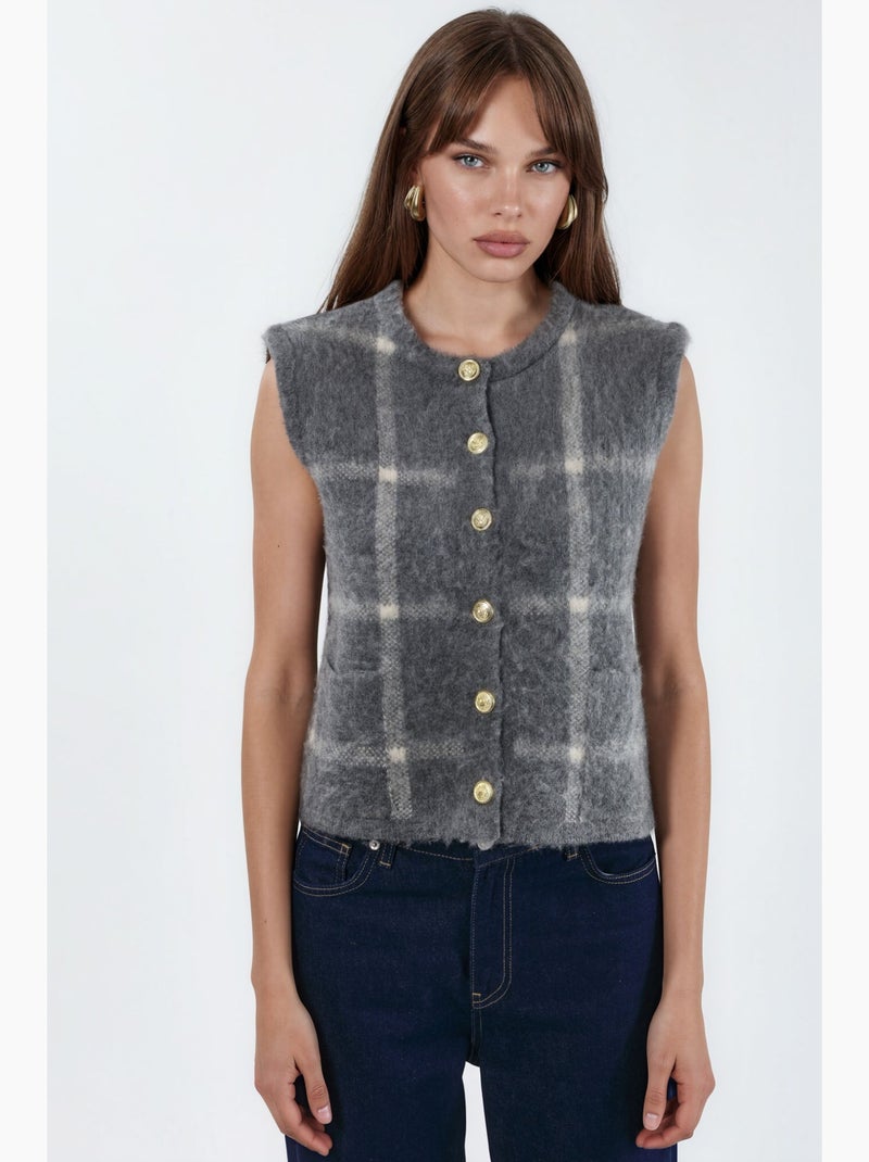 Geruit vest met ronde hals en knoopjes hiccup Grijs Zwart - Kiabi