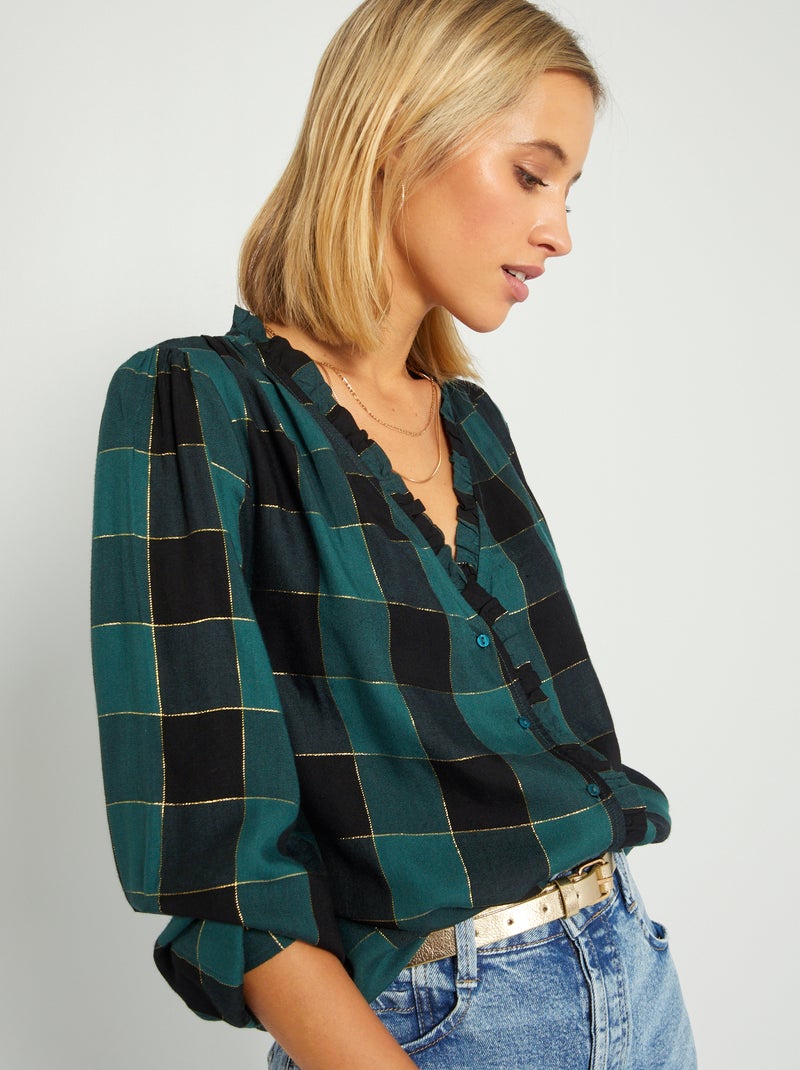 Geruite blouse met fantasiekraag ZWART - Kiabi