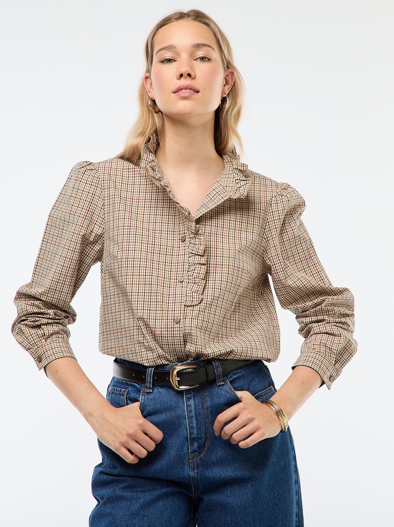 Geruite blouse met golvende details Bruin - Kiabi
