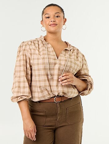 Geruite blouse met strikhals