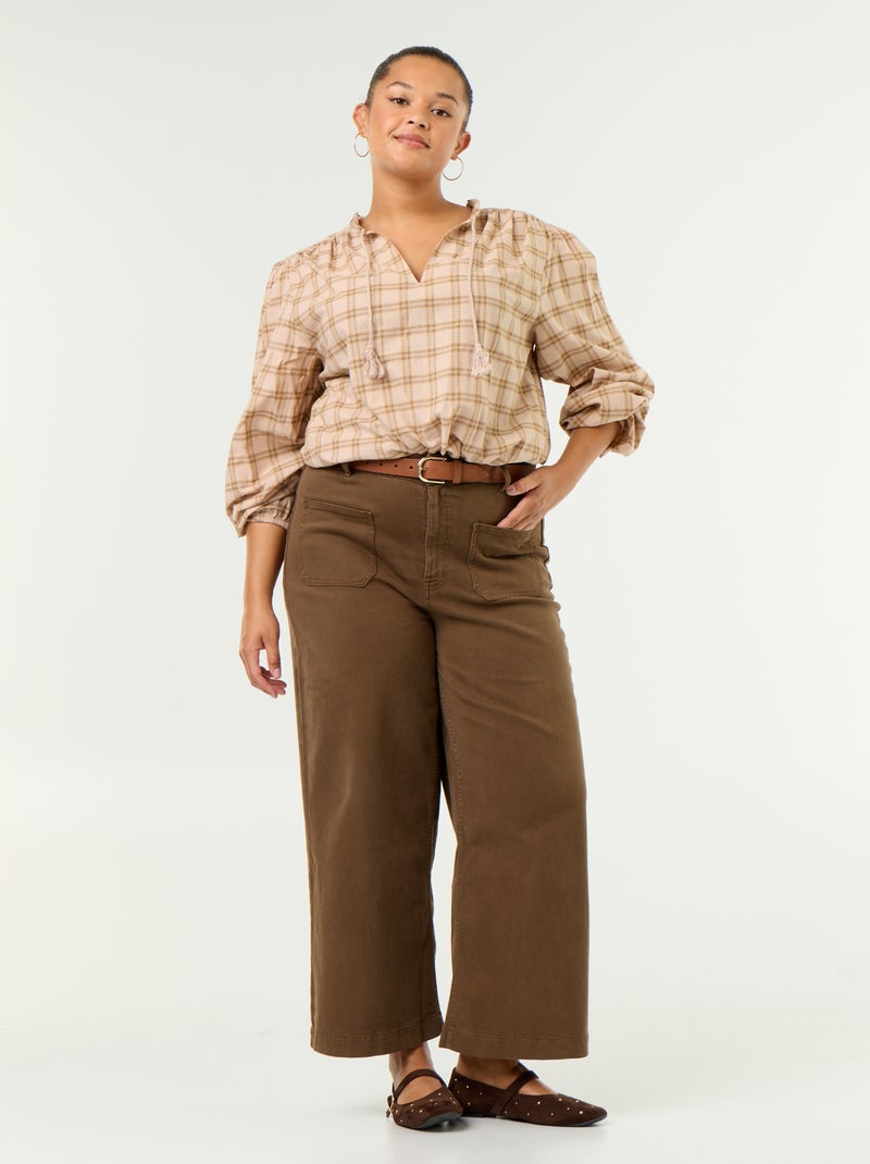 Geruite blouse met strikhals Biege - Kiabi