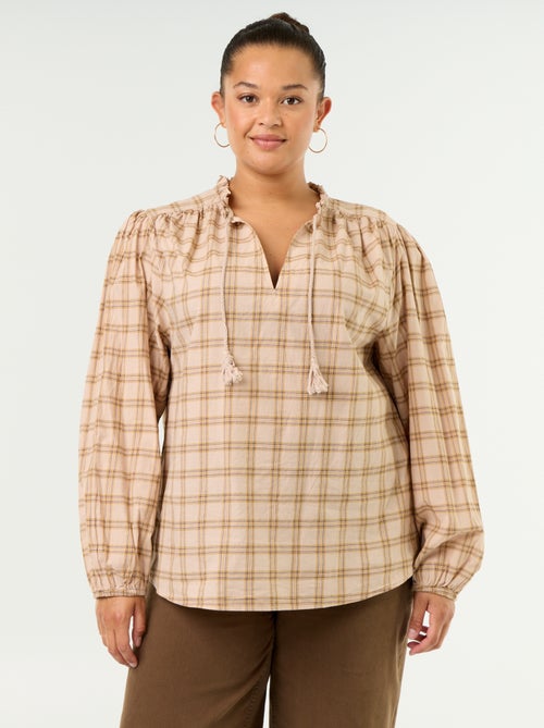 Geruite blouse met strikhals - Kiabi