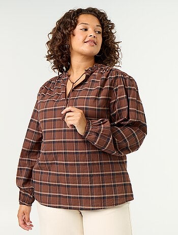 Geruite blouse met strikhals