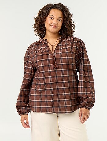 Geruite blouse met strikhals