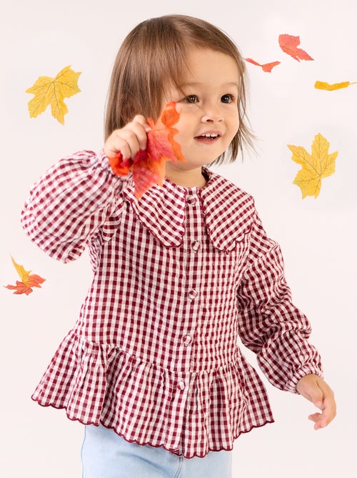 Geruite blouse van katoenen voile met fantasiekraag - Kiabi